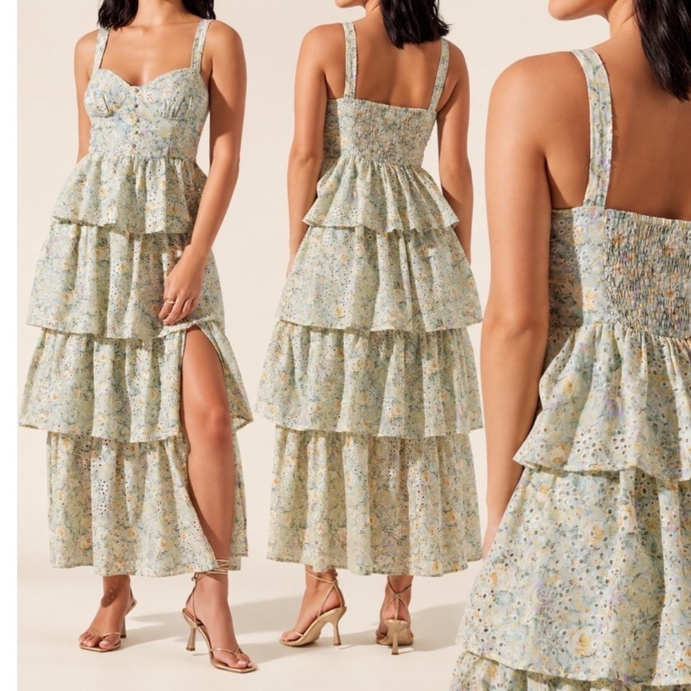ASTR The Label Midsummer Floral Eyelet Tiered Maxi Dress Womens Sz XS